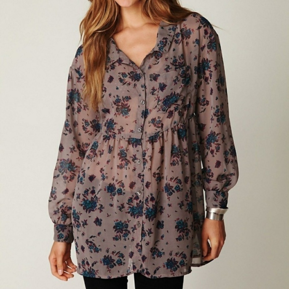 Free People Gray Sheer Floral Babydoll Button Up Tunic Oversized XS
